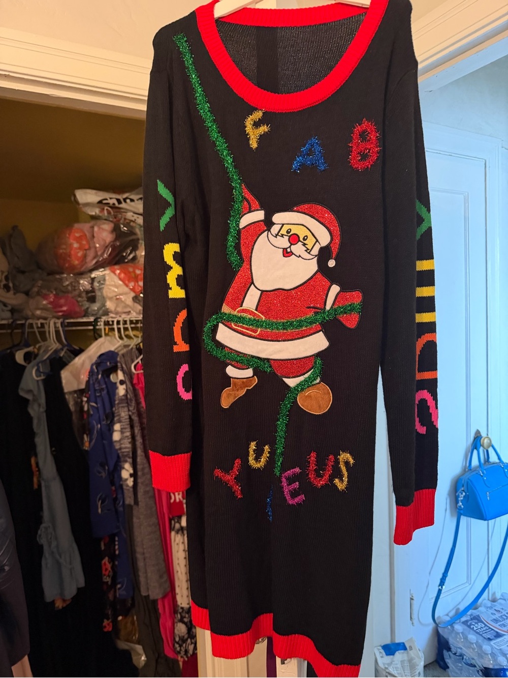 Kids Black Santa Christmas Pajama Dress with Red Trim